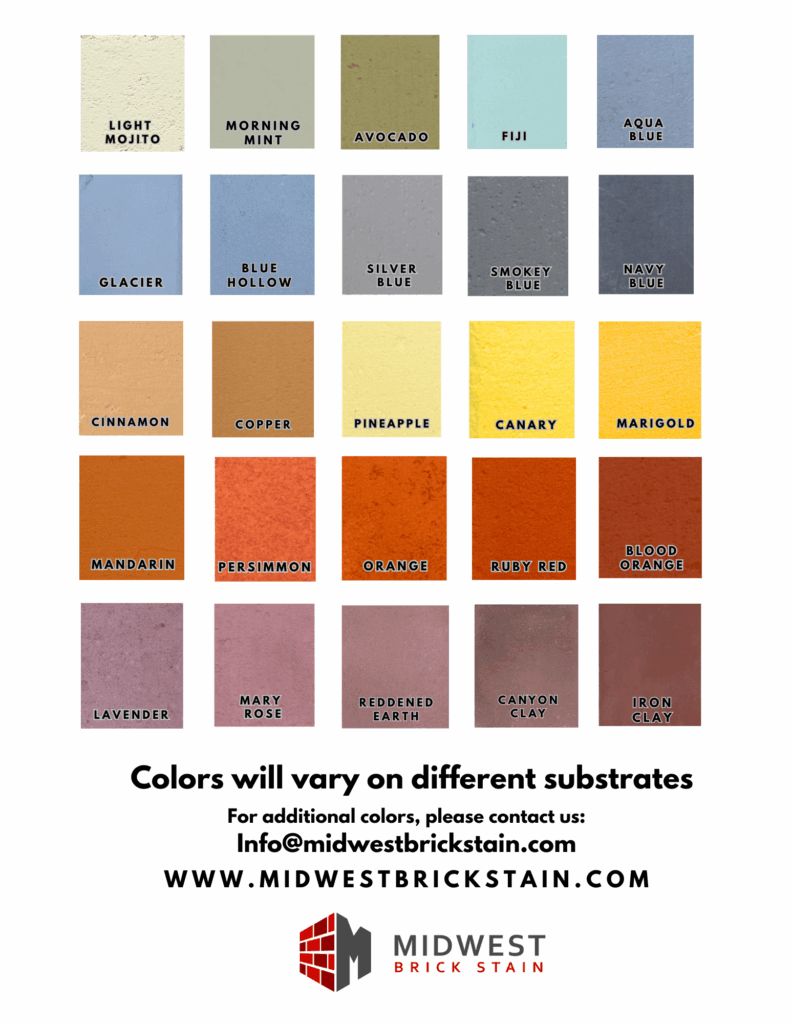 Midwest Brick Stain color chart showing available brick staining colors for residential and commercial projects.